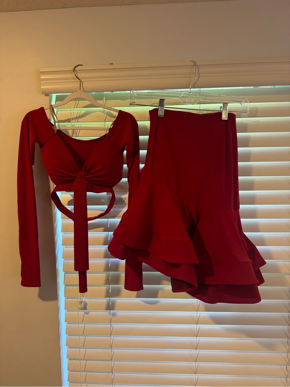 Girls Red Two-Piece Ballroom Set with Ruffle Skirt